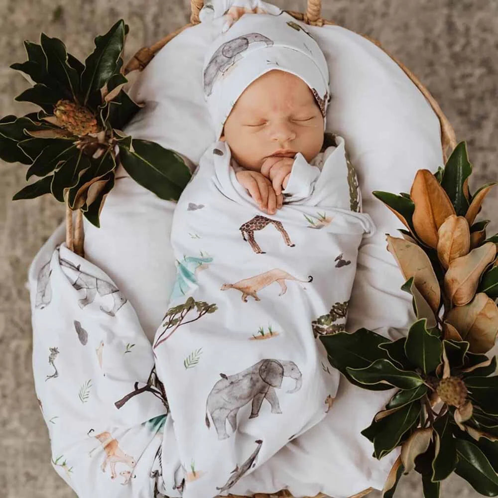 Safari Baby jersey Wrap & Beanie Set