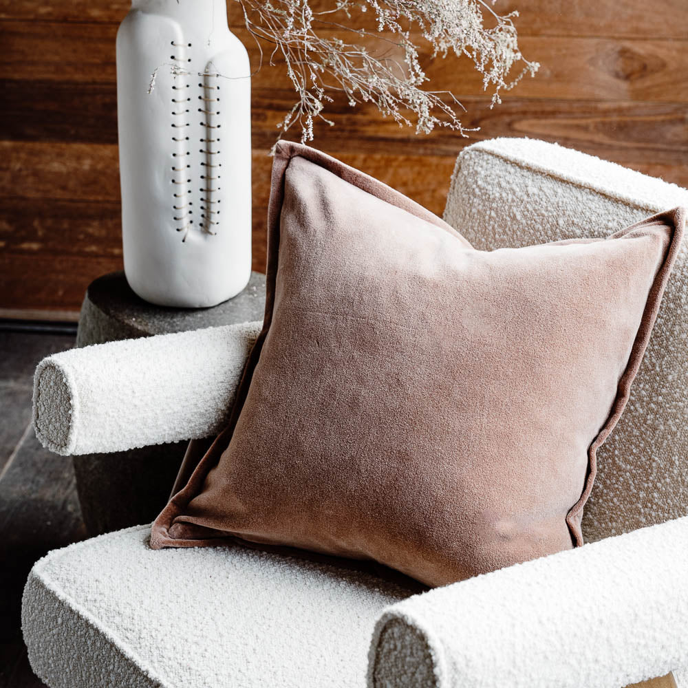 Meticulously crafted from the finest 100% short pile glossy cotton velvet and dyed to achieve a rich palette of exquisite hues with luxurious sheen.  Clay Colour