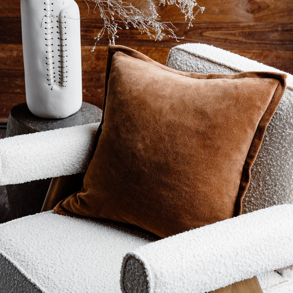 Meticulously crafted from the finest 100% short pile glossy cotton velvet and dyed to achieve a rich palette of exquisite hues with luxurious sheen.  Nutmeg colour.