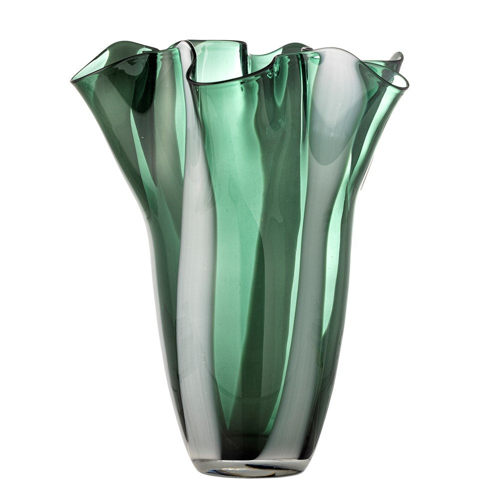 The vase is mouth-blown and has a lovely green and white stripe pattern. The vase's folds also ensure that flowers and branches fall and stand beautifully.