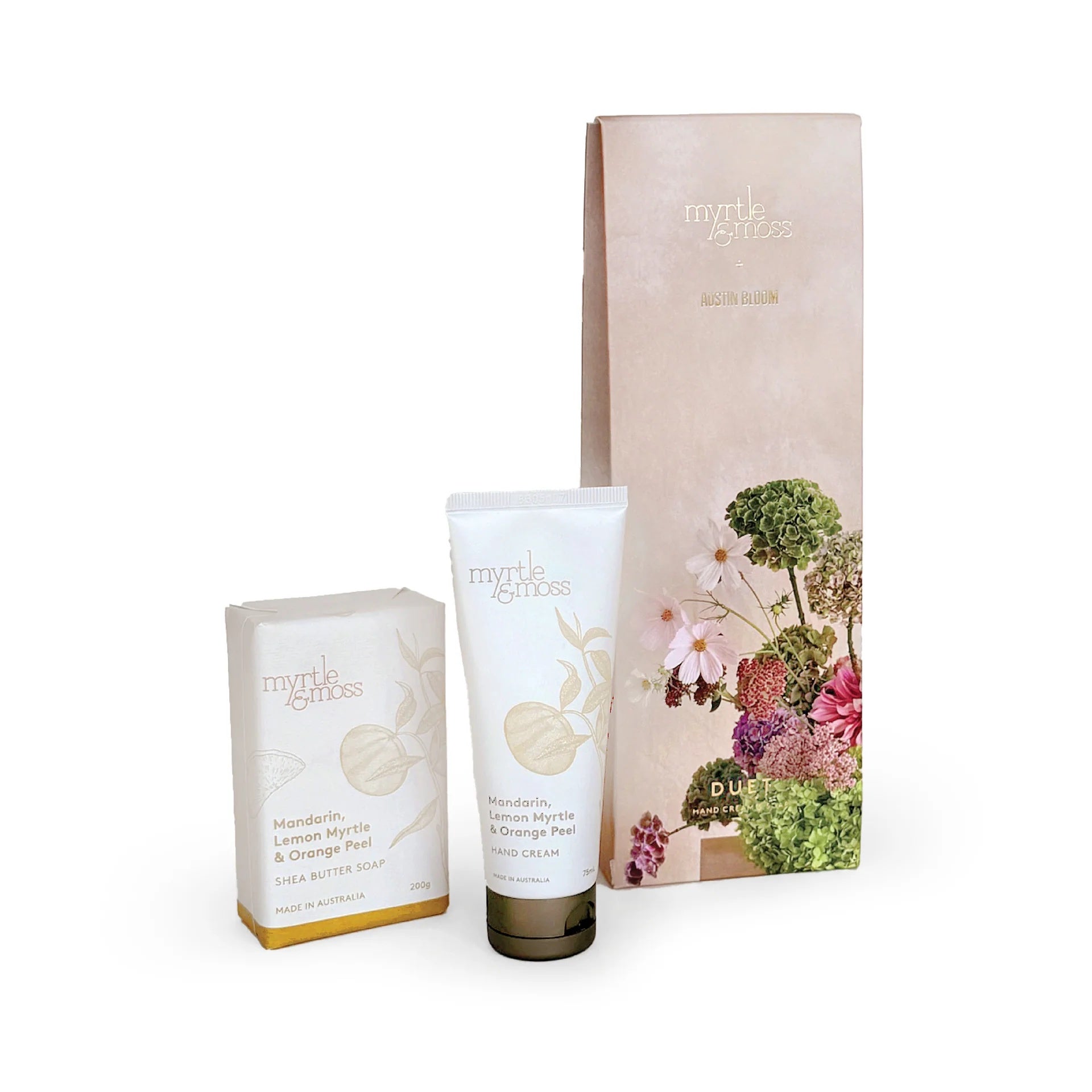 The Austin Bloom Duet contains citrus soap and hand cream in a botanical gift pack