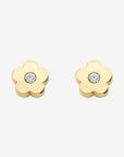 Gold flower-shaped earrings with clear gemstones on a white background