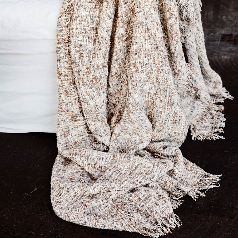 The Ritchi Throw combines three harmonious yarn colours—soft clay, midnight, and off-white—woven into a richly textured slub weave. very textural.
