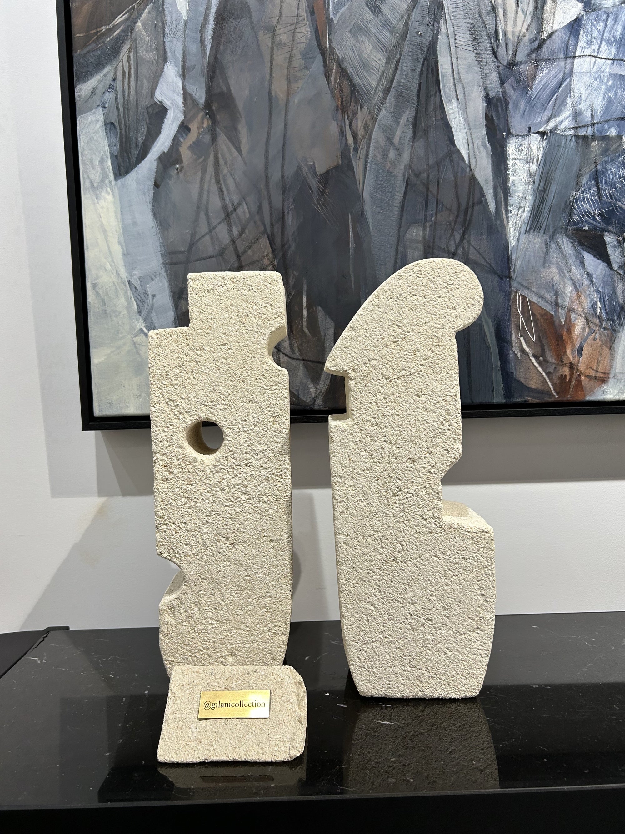 Handmade designer artisan piece made of limestone. These charming sculptural pieces are a balanced duality. A mixture of soft and sharp intertwined amongst each other, to show that each personality can, have it all.