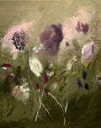 An abstract artwork titled Moving Towards The Light. A beautiful colour palette of green and muted pinks