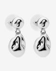Pair of silver drop earrings on a white background