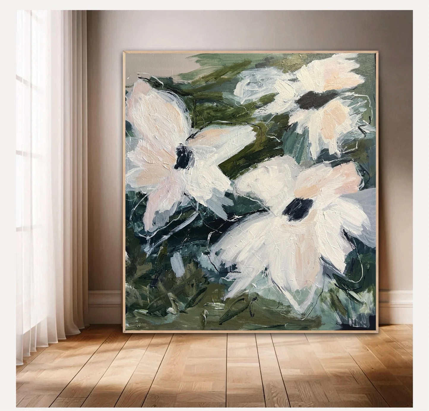 Falling Flowers an  original artwork by Aliki K. Featuring abstract florals in earthy green tones.