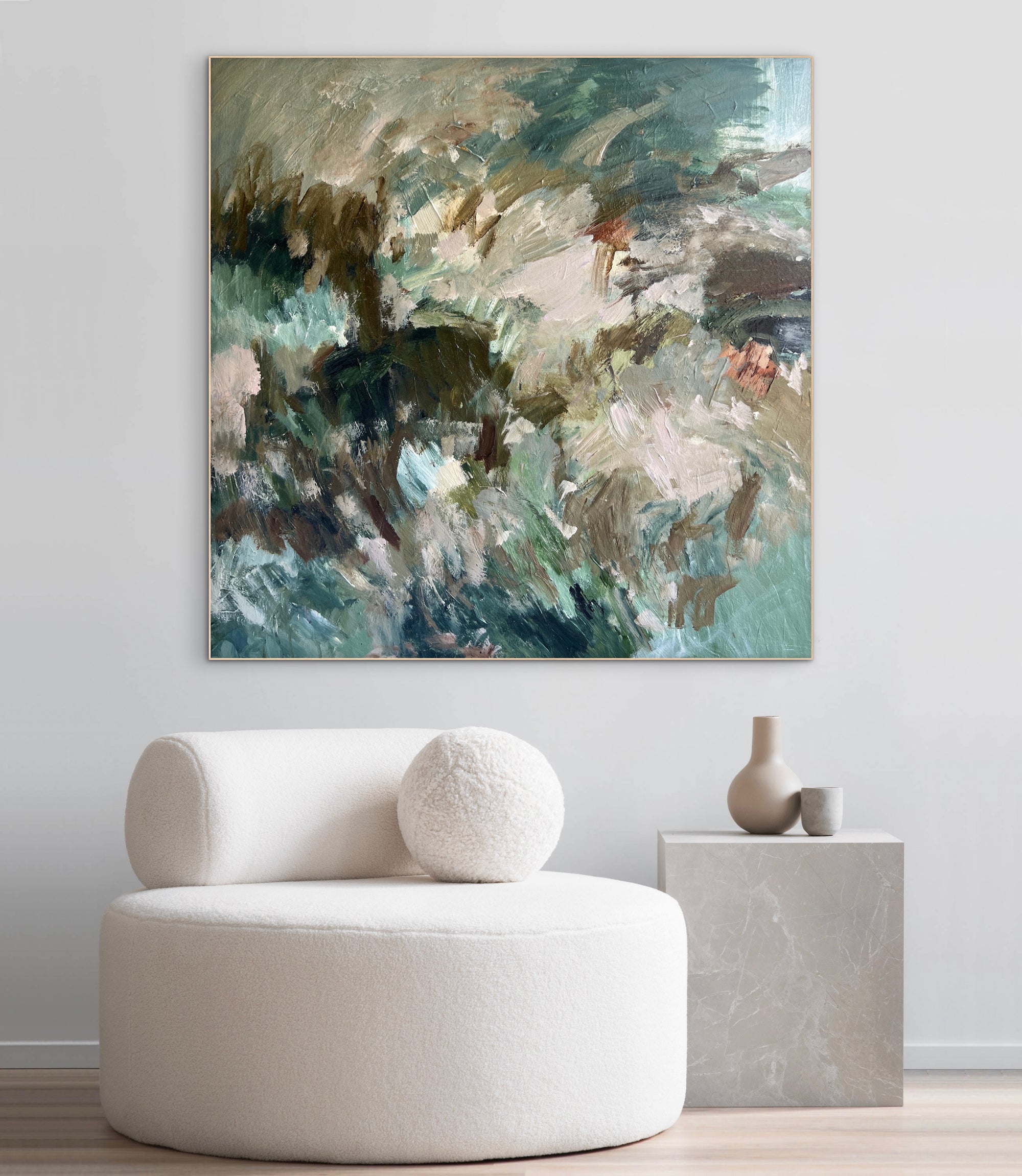 Abstract painting in a neutral and green  colour palette