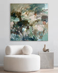 Abstract painting in a neutral and green  colour palette