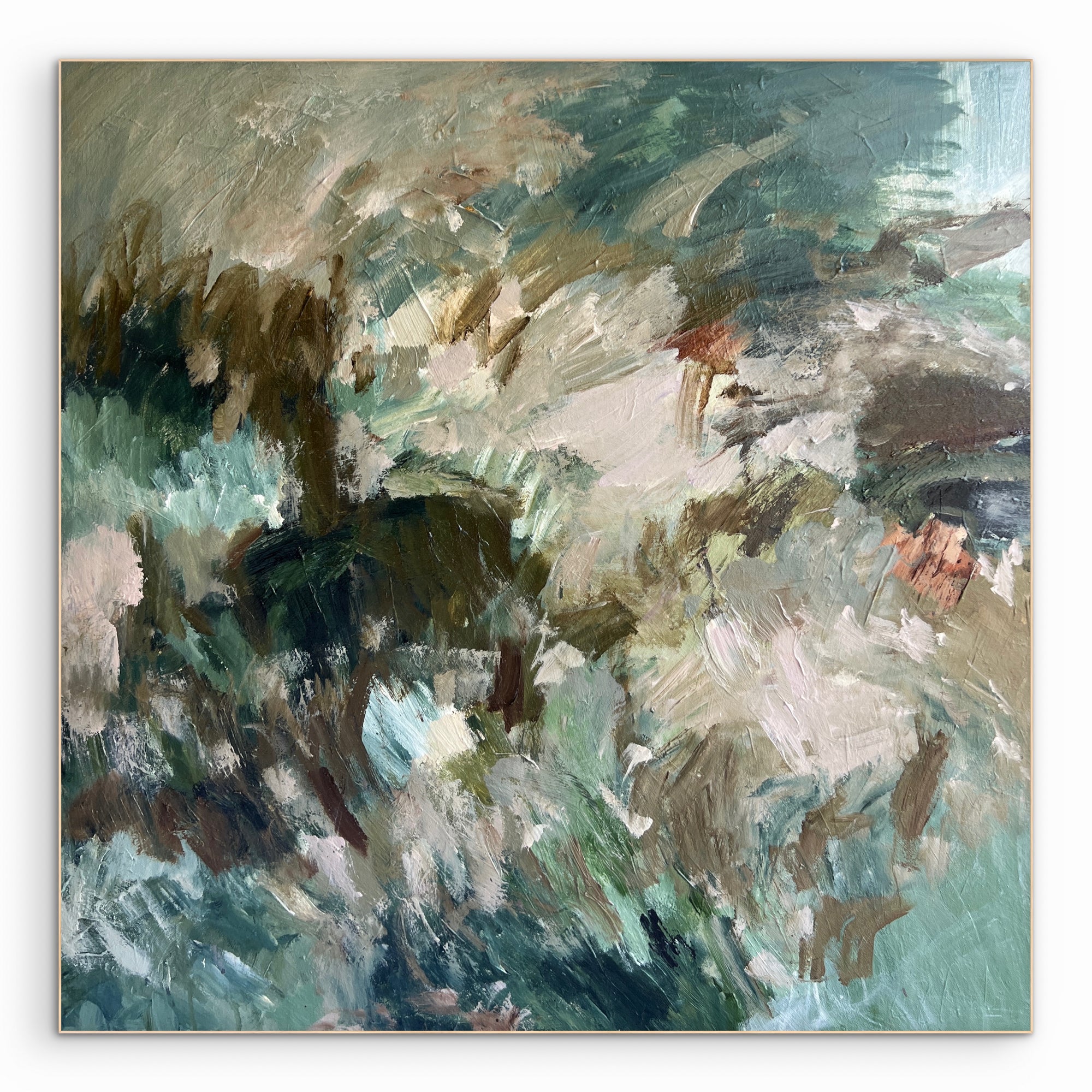 Abstract painting with a mix of green, brown, and blue colors.