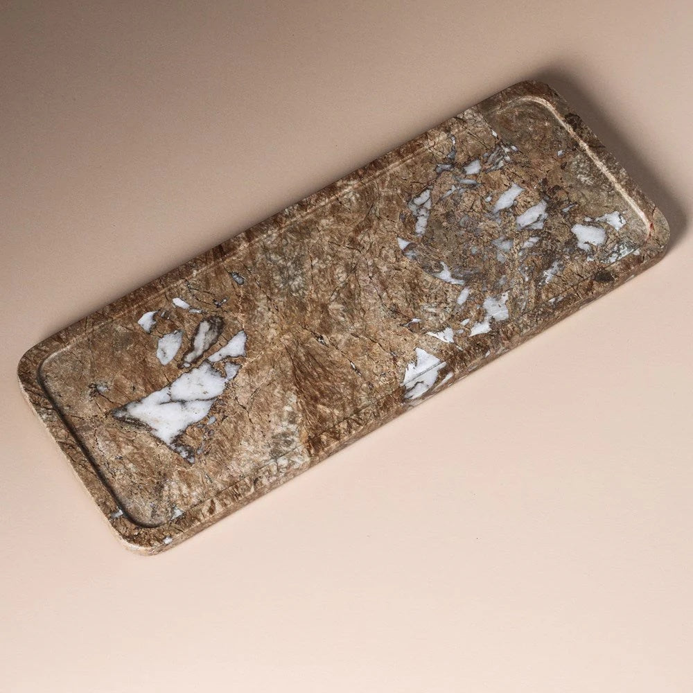 Rectangular stone tray with embedded white and beige colour palette.