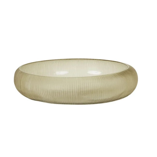 A round, shallow glass bowl with a ribbed texture, shown from a side profile with a light frosty green colour