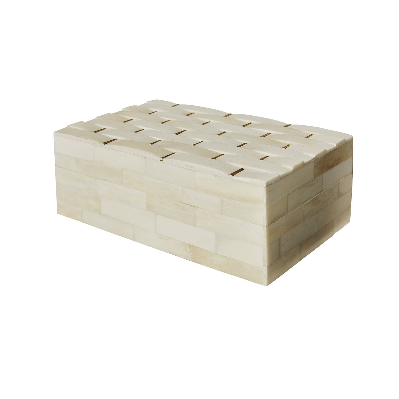 Rectangular bone inlay box with a lattice brass inlay design
