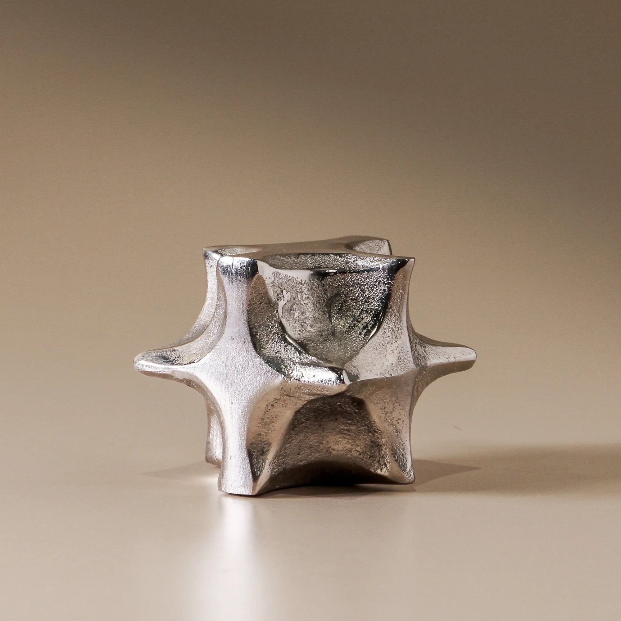 Silver metallic sculpture with textural surface.