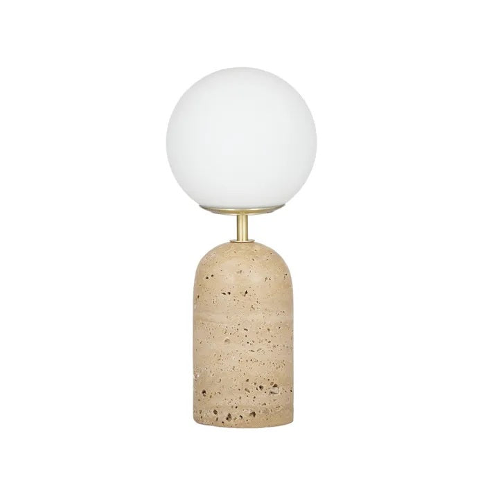 Table lamp with a beige terrazzo base and a white globe shade