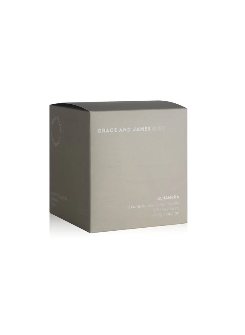 Grey Box 'Grace and James' branding. Alhambra scented candle