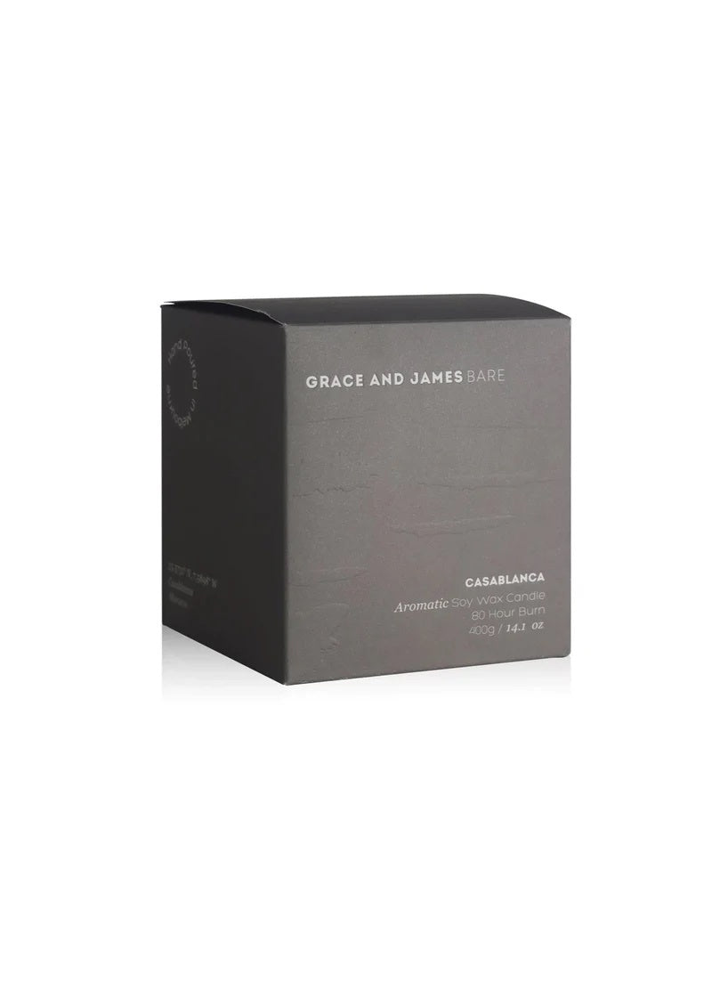 Grey box with 'Grace and James' branding on a white background. Casablanca fragrance