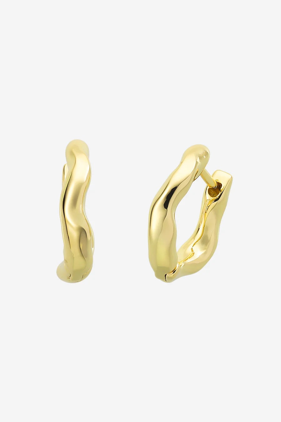 Gold irregular shape hoop earrings on a white background