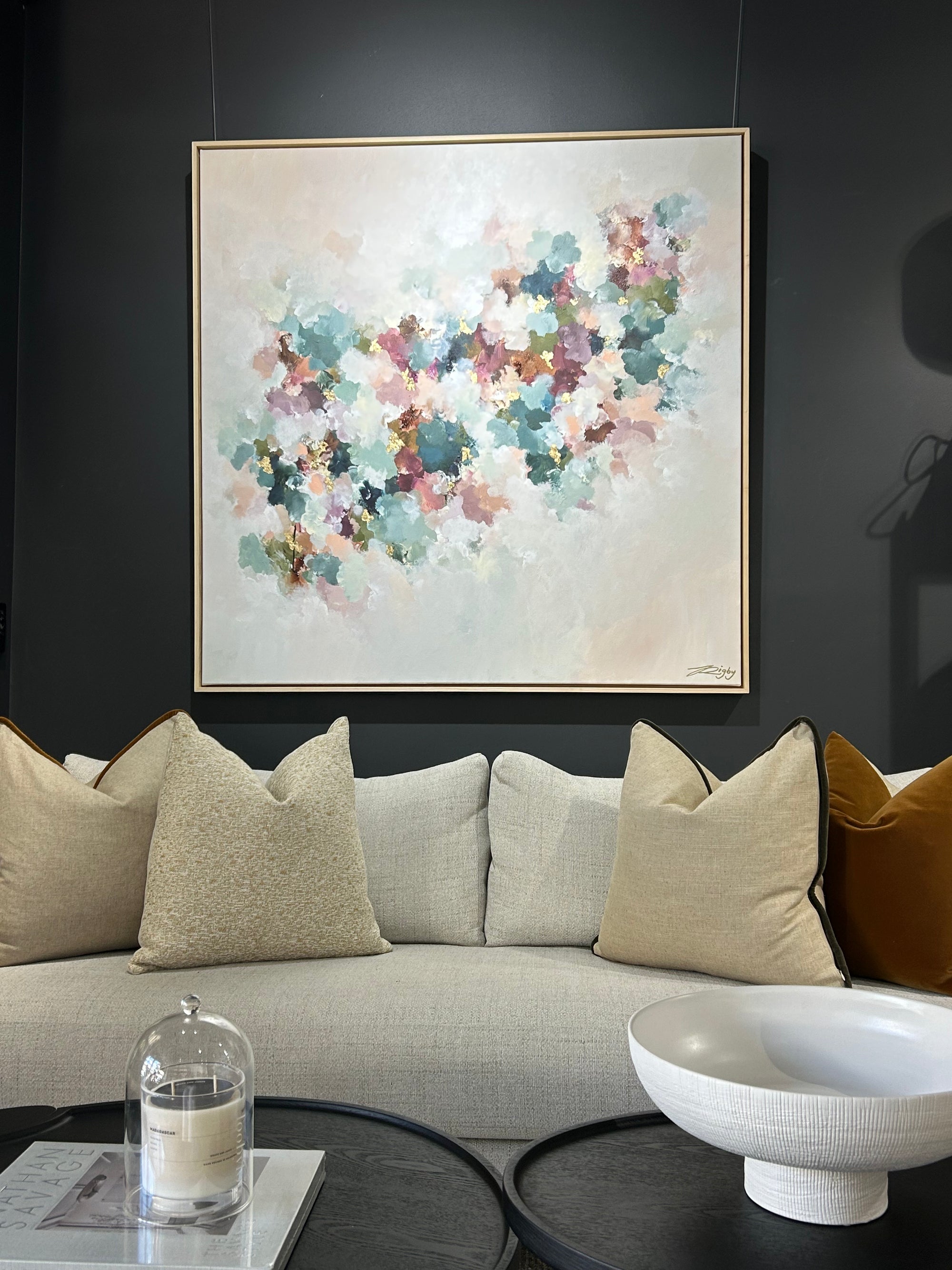 Soft muted pastel abstract artwork with gold leaf flecks.