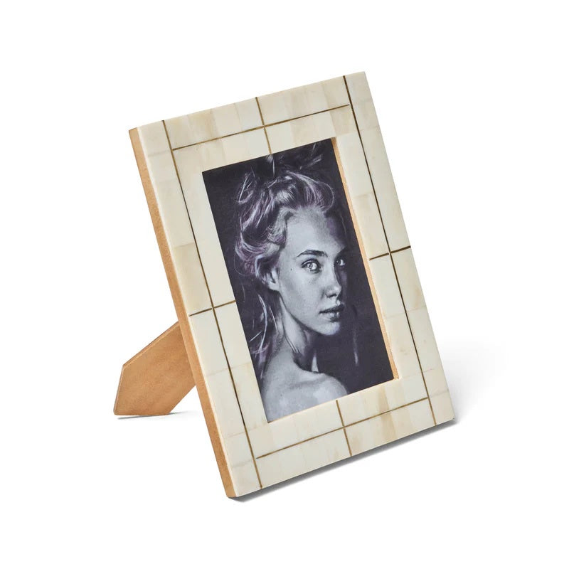 bone inlay and brass photo frame with geometric pattern