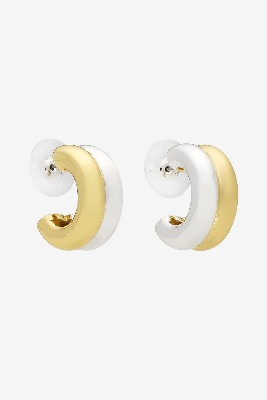 Pair of gold and silver hoop earrings on a white background