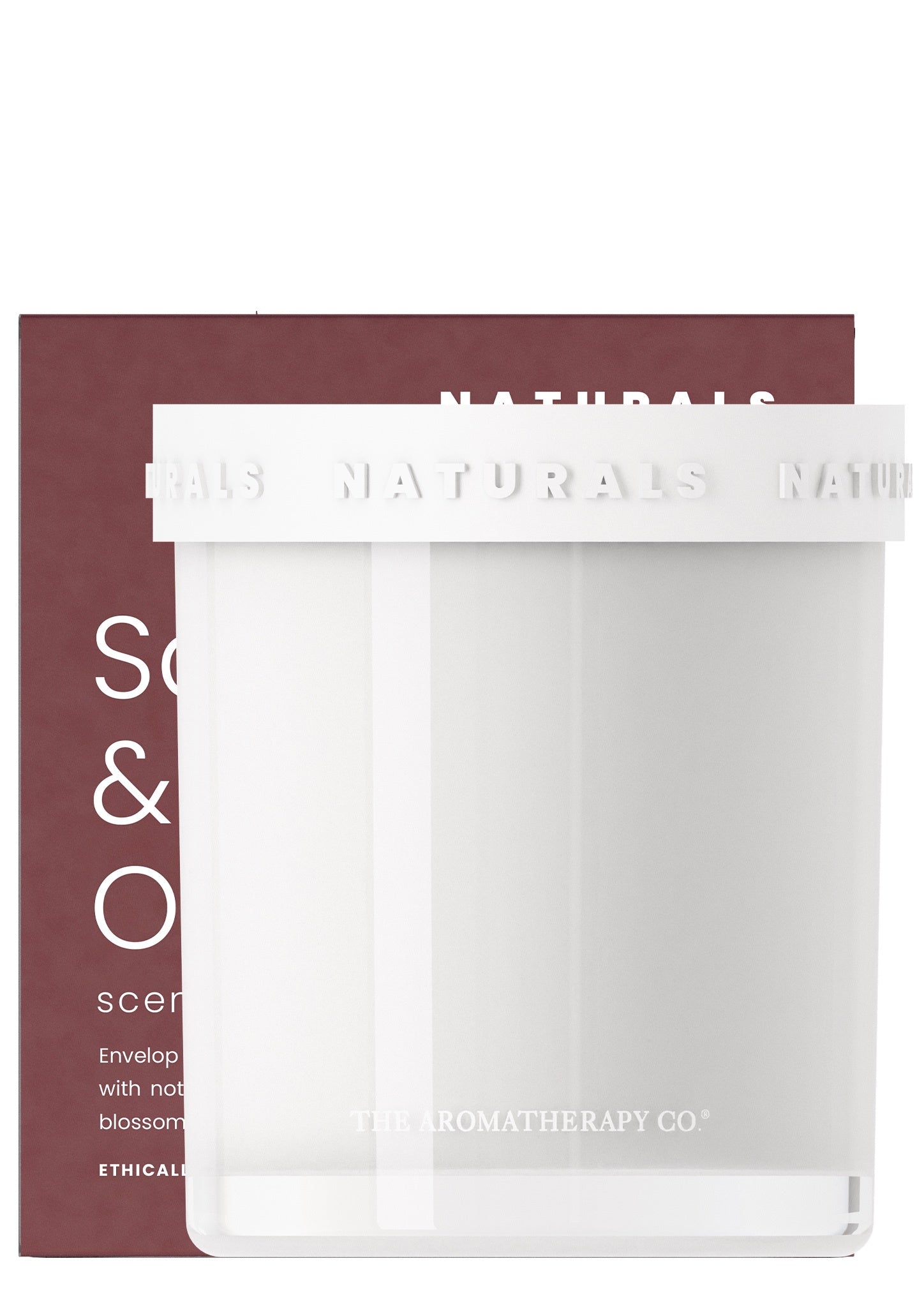 White candle with 'Naturals' branding on a white background. Santal and vanilla orchid scent