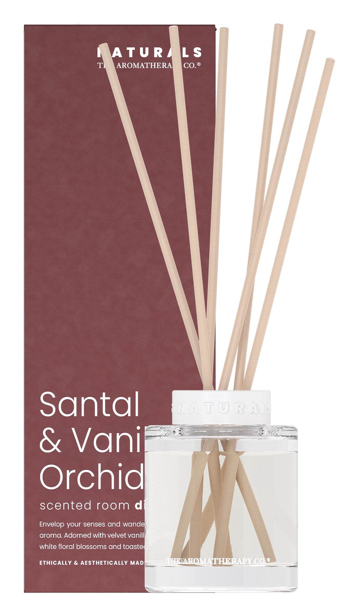 Scented room diffuser with sticks and packaging labeled 'Naturals' on a white background. Santal and Vanilla Orchid
