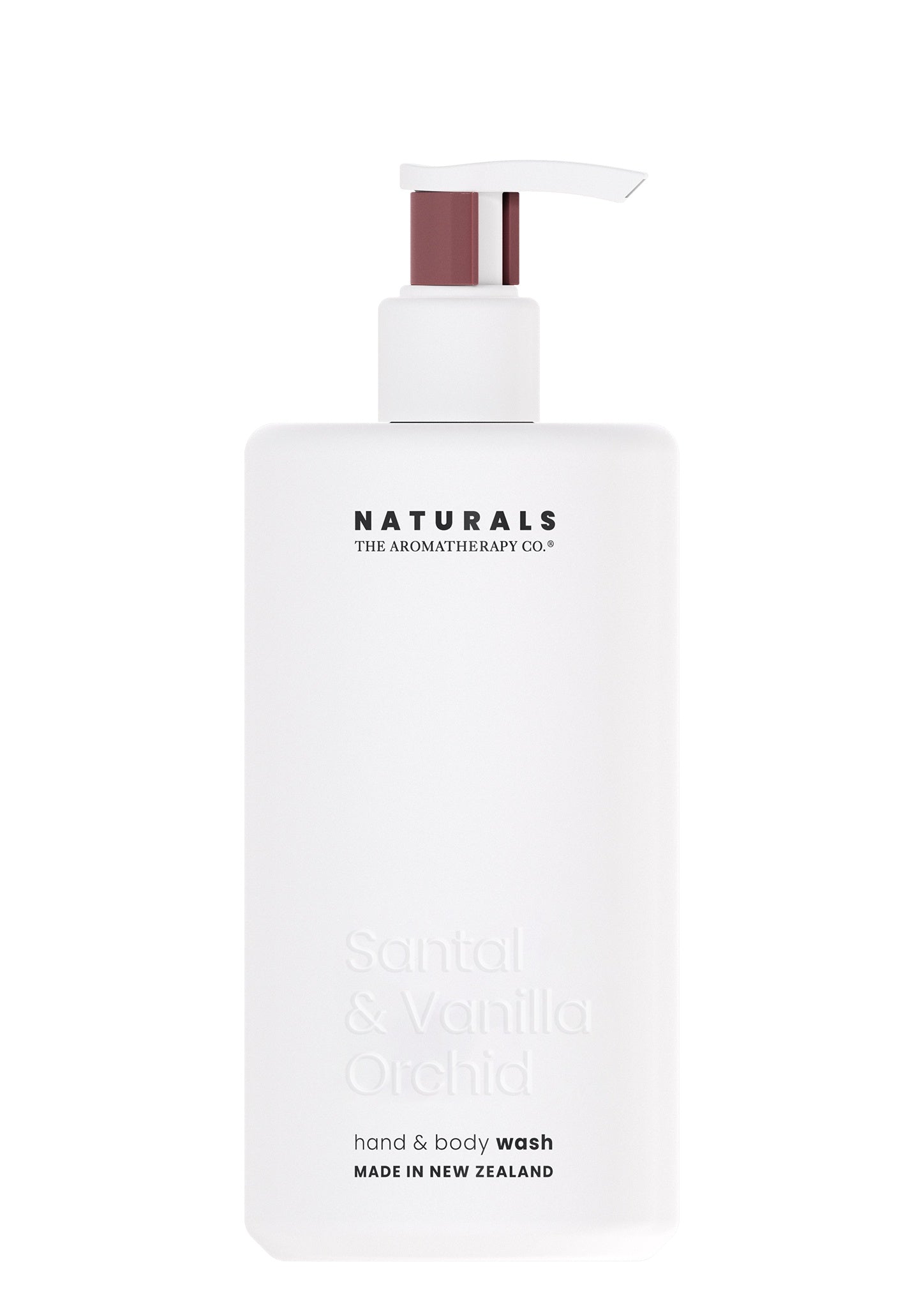 White bottle of Naturals hand and body wash with pump on a white background. Fragrance is Santal and vanilla Orchid