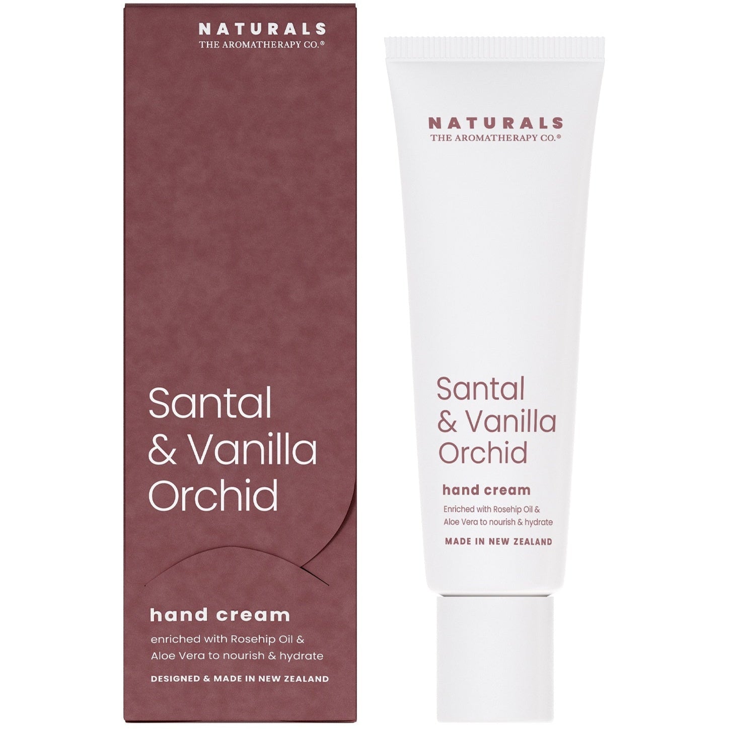 Hand cream and packaging with 'Naturals' branding on a white background. Fragrance Santal and vanilla orchid
