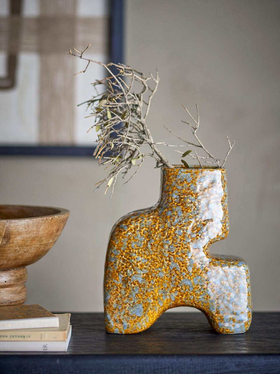 Ollia Vase by bloomingdale.  A geometric vase with ochre and blue tones.
