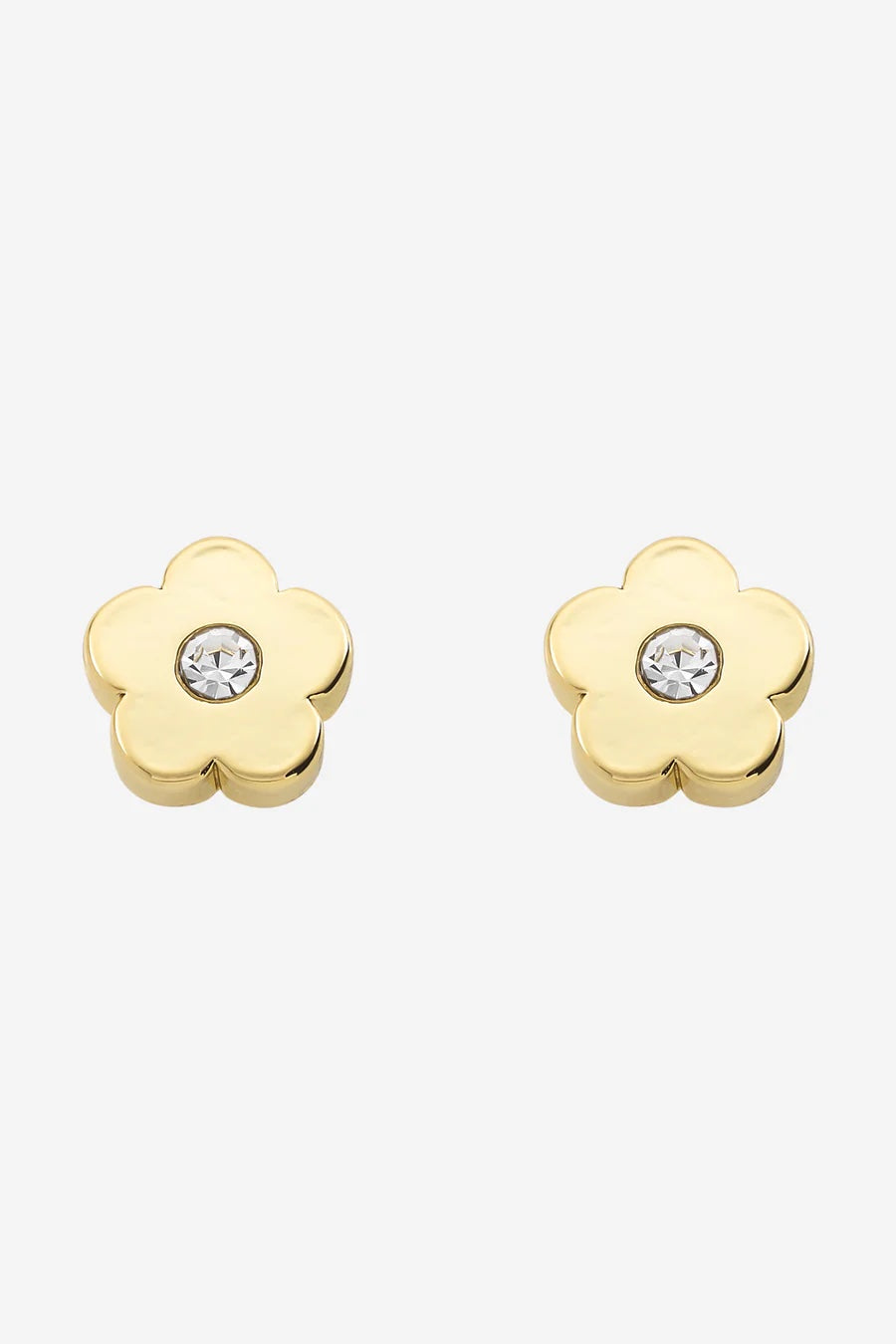 Gold flower-shaped earrings with clear gemstones on a white background