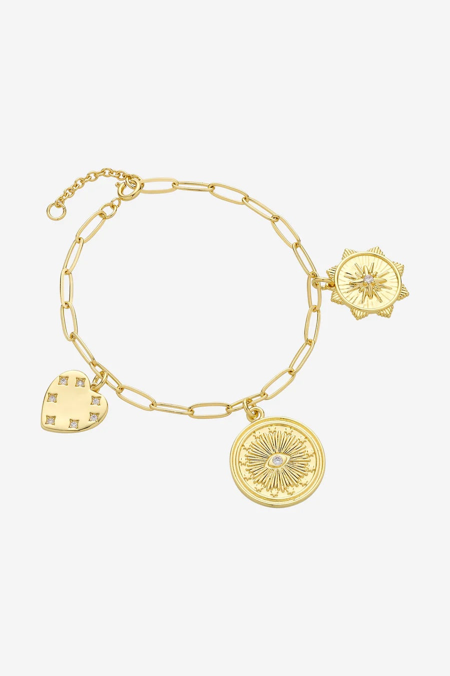 Gold bracelet with three circular charms 