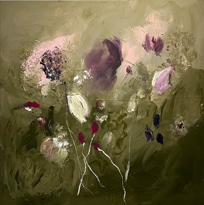 An abstract artwork titled Moving Towards The Light. A beautiful colour palette of green and muted pinks