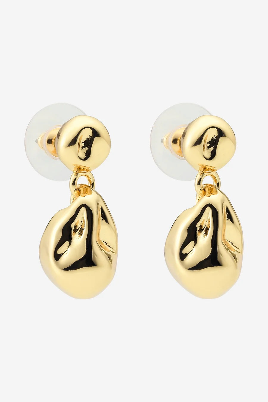 Gold earrings with black accents on a white background