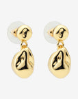 Gold earrings with black accents on a white background