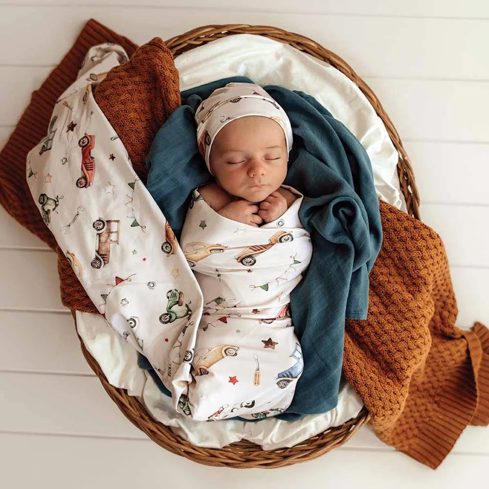 Baby jersey wrap set featuring vintage car print design