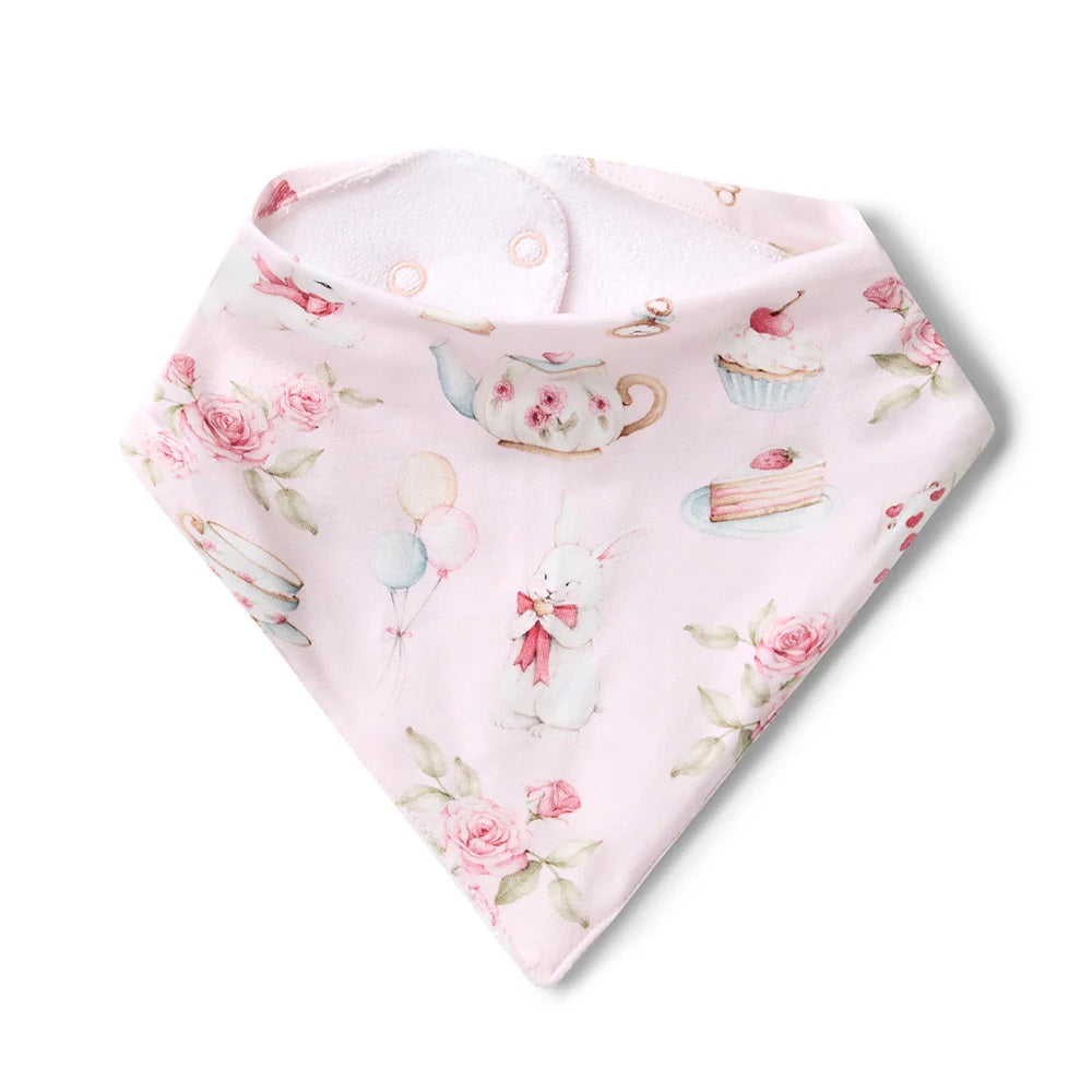 dribble bib featuring alice tea party print design