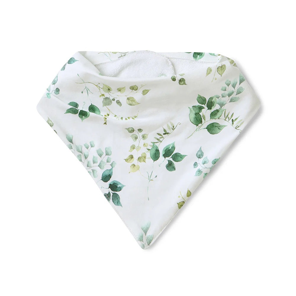 dribble bib with green leaf print design on a white background
