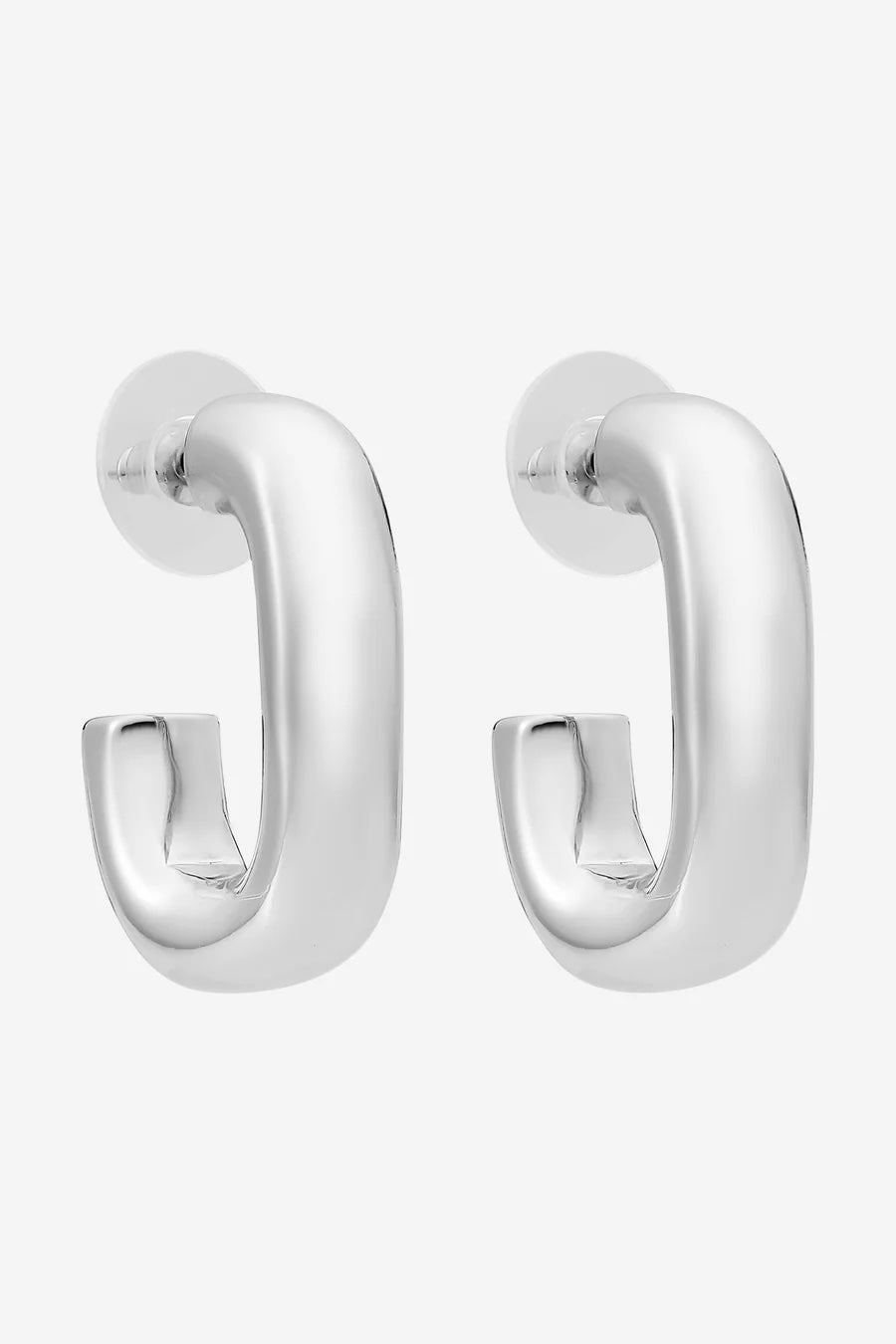 Pair of silver hoop earrings on a white background