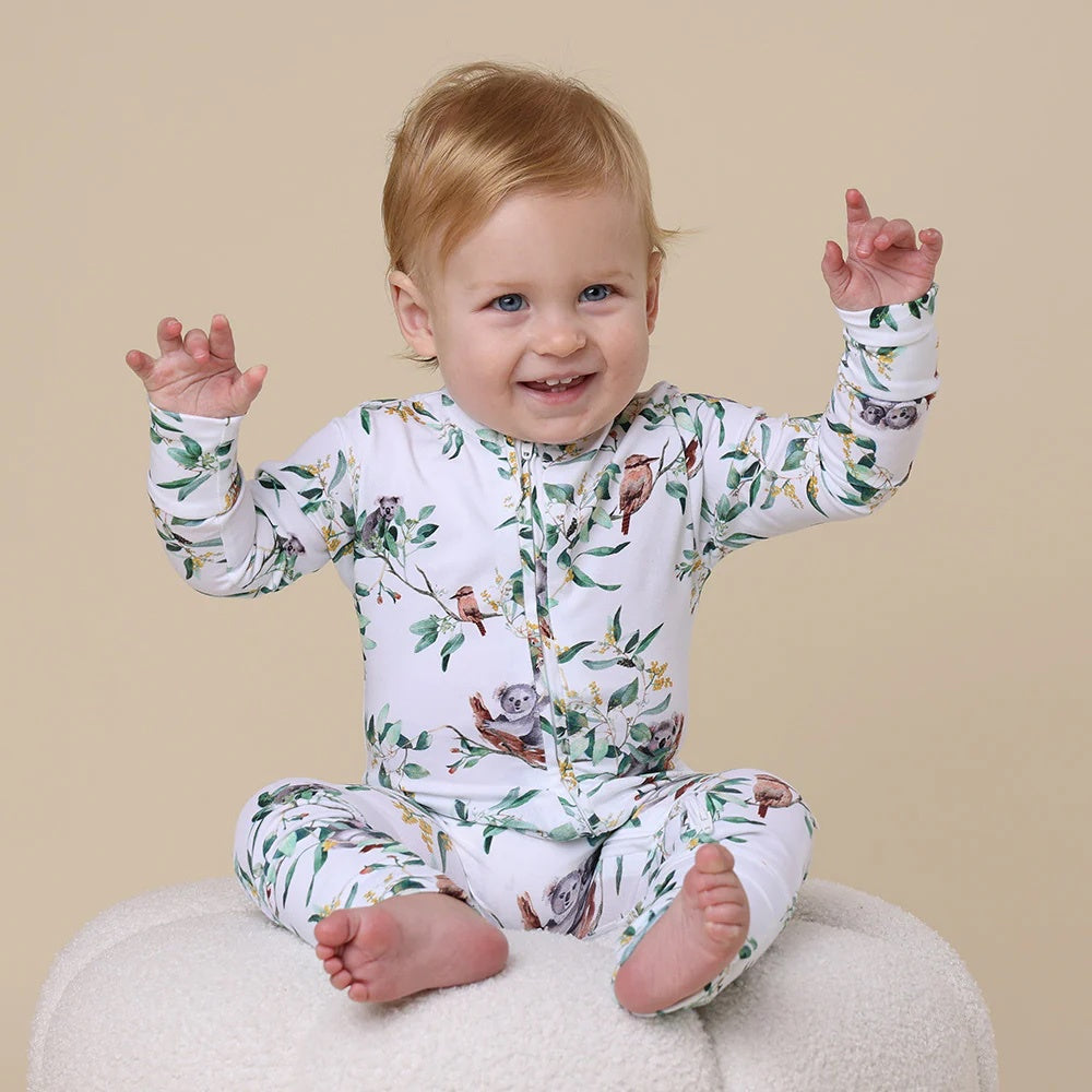 Baby romper featuring eucalyptus print design