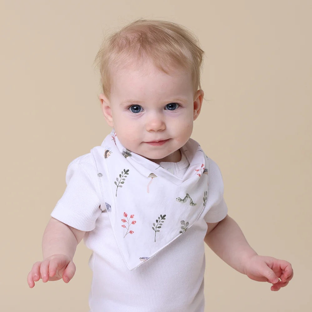 dribble bib with garden friend print on a white background