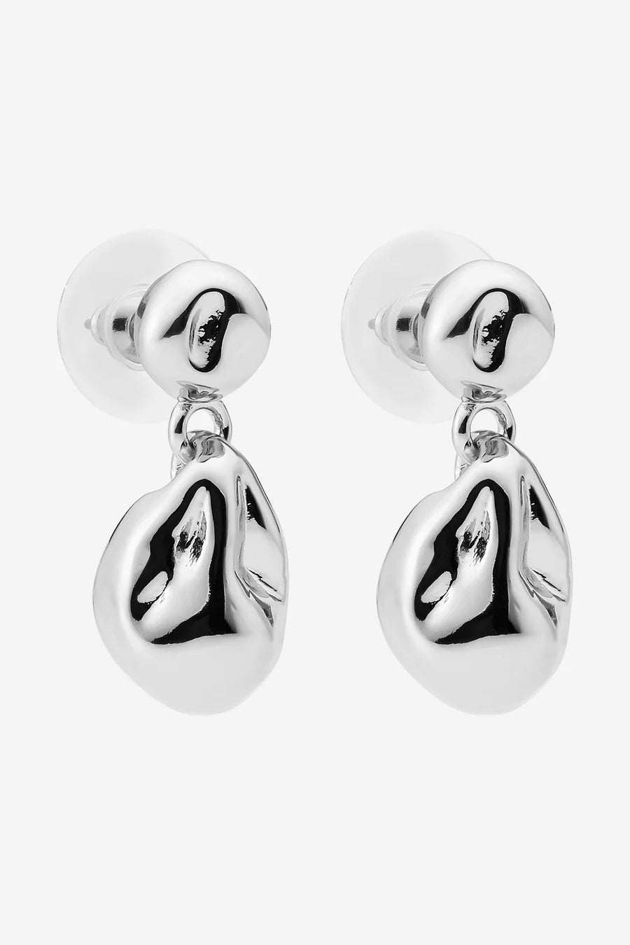 Pair of silver drop earrings on a white background